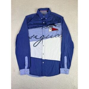 Desigual Shirt Mens Medium Blue Graphic Embroidered Long Sleeve Button Up Casual